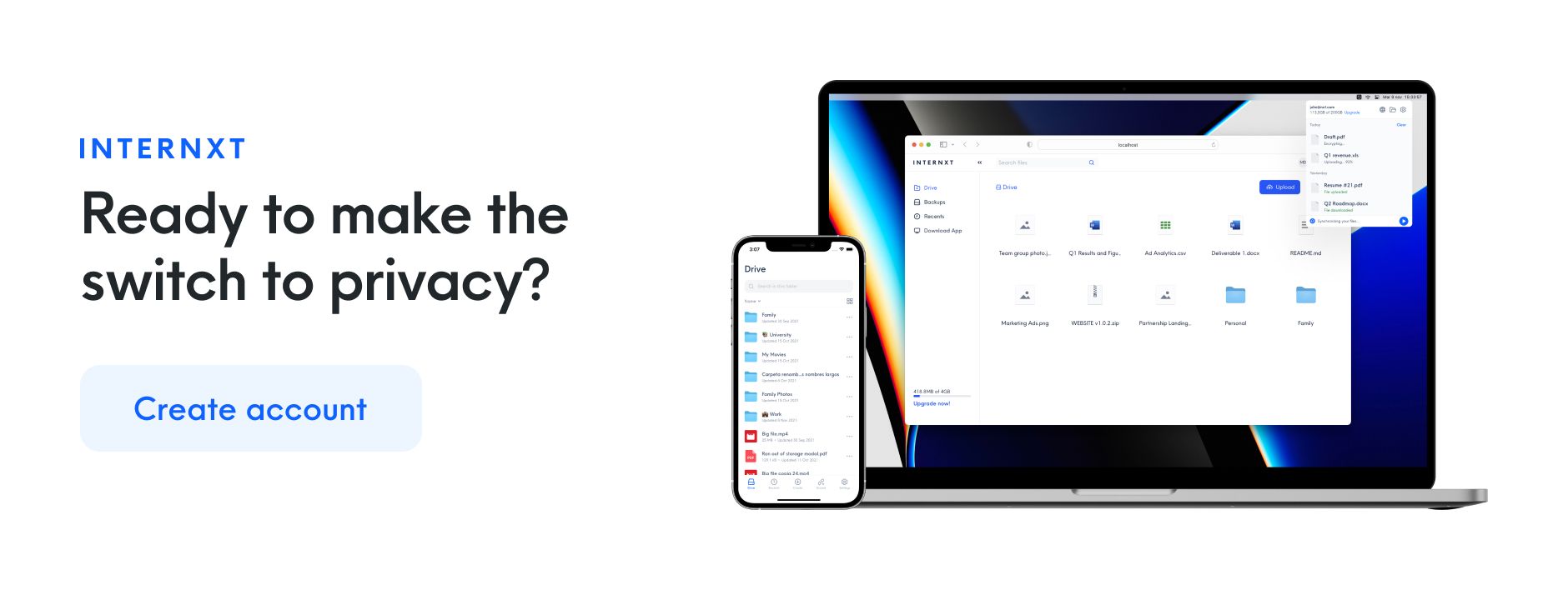 Internxt’s drive web intuitive interface and features.