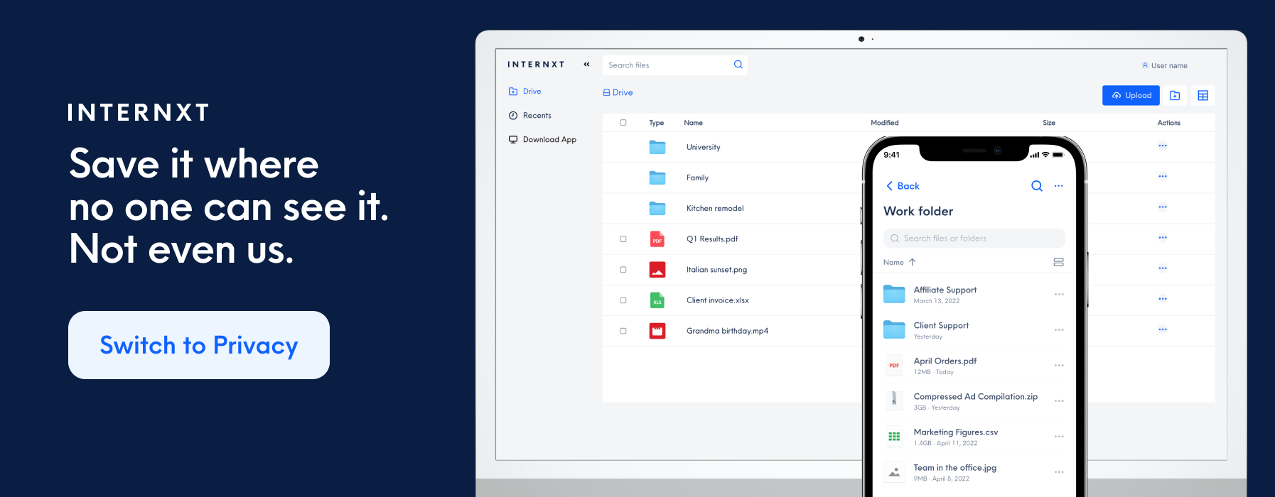 Internxt’s drive web intuitive interface and features.