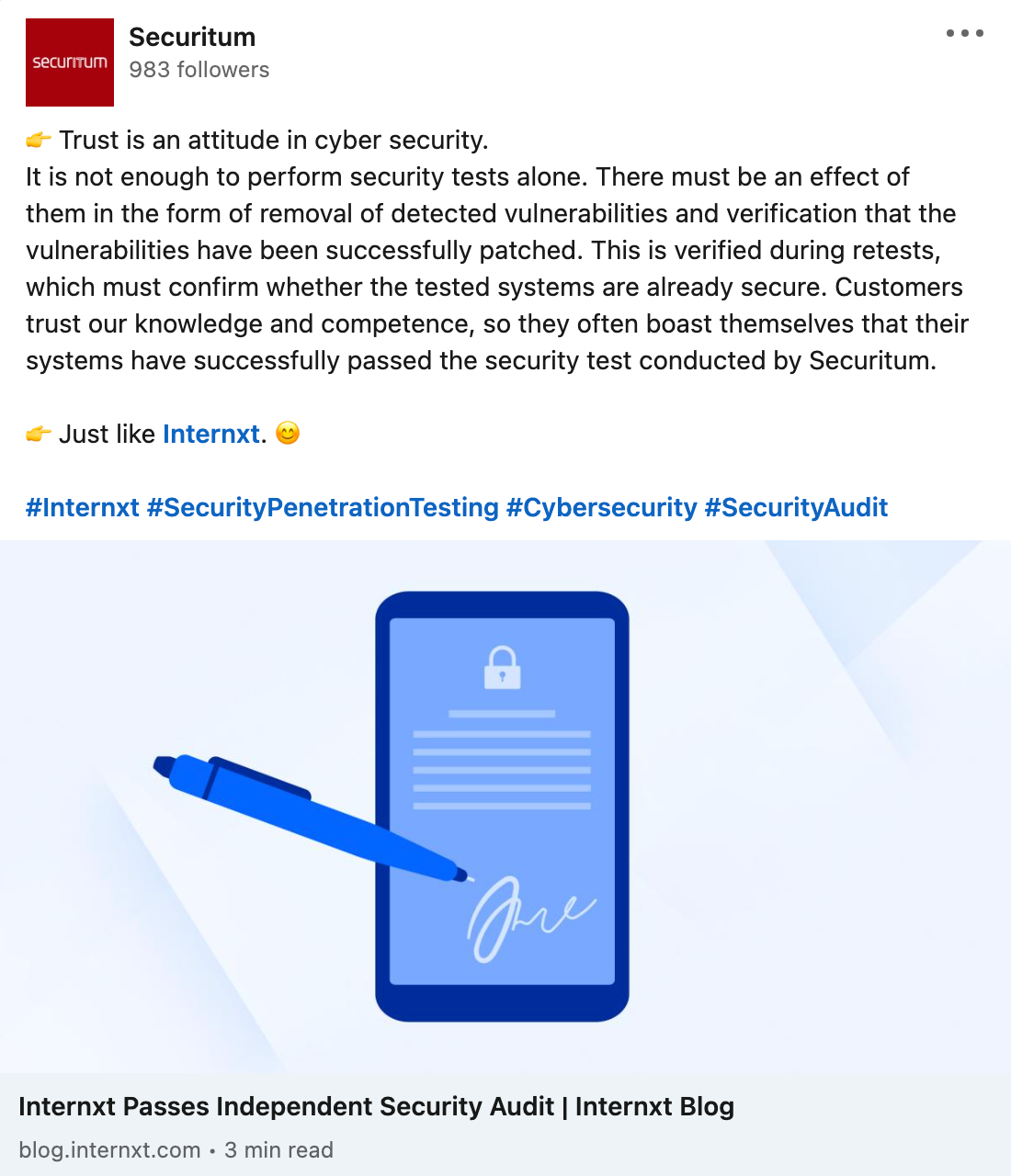 Tweet from Securitum for Internxt Security Audit