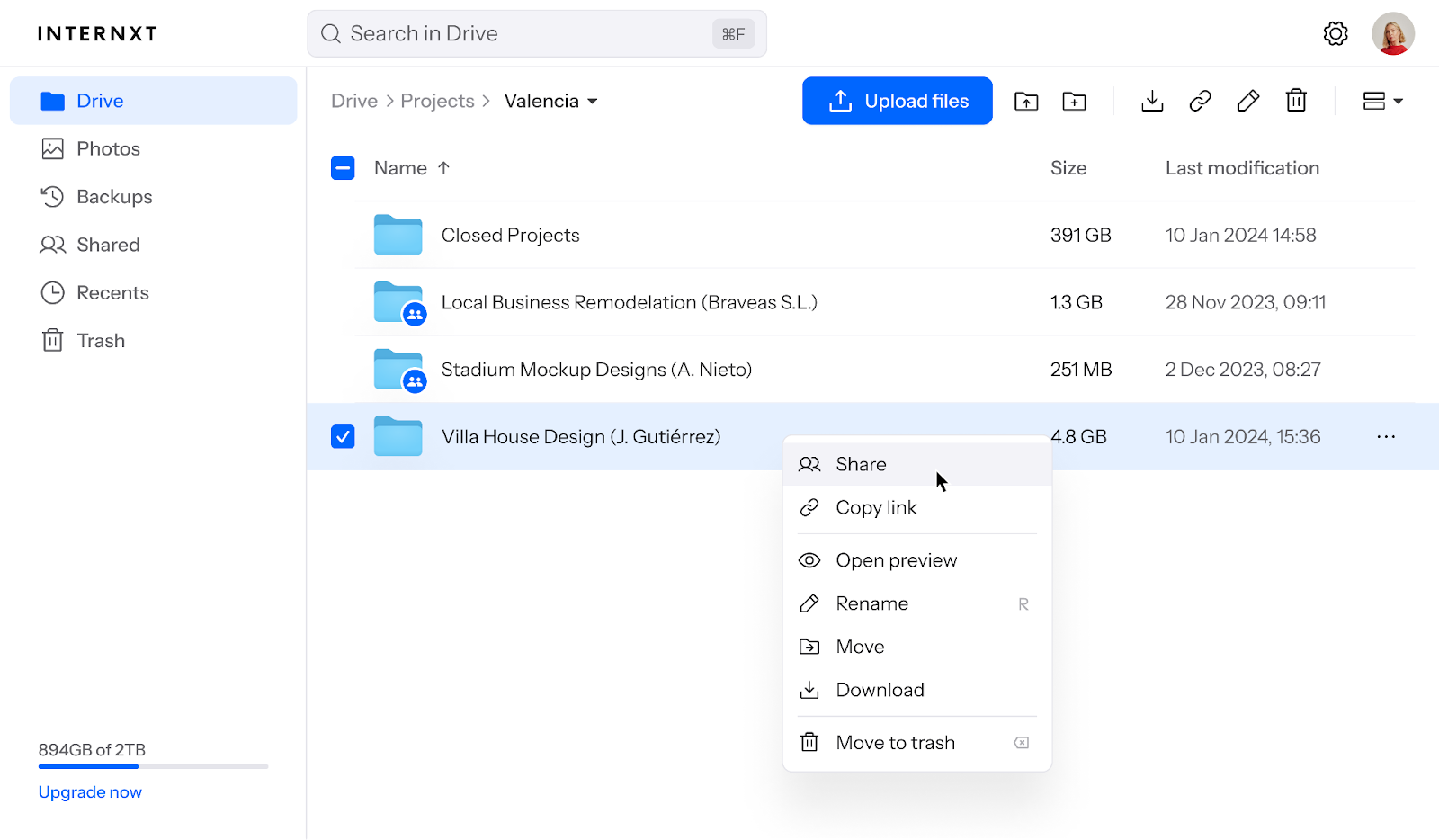 Internxt Drive interface showing advanced folder sharing.
