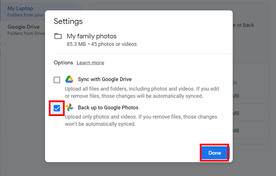 Disable Google Photos backup on desktop