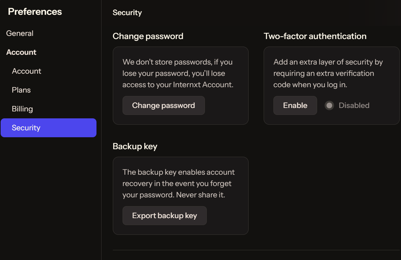 Internxt secure cloud storage security settings