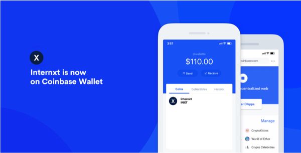 Internxt logo and Coinbase cryptocurrency wallet, displayed on blue background.