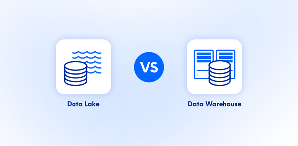 Data lake vs data warehouse graphic in blue.