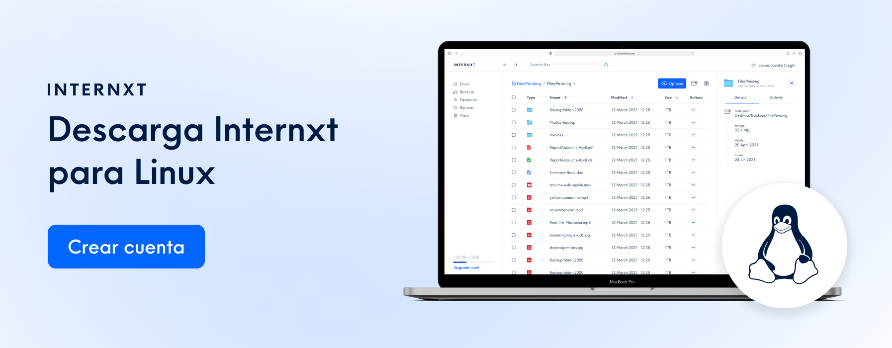 Internxt es un servicio de almacenamiento en la nube basado en el cifrado y la privacidad.