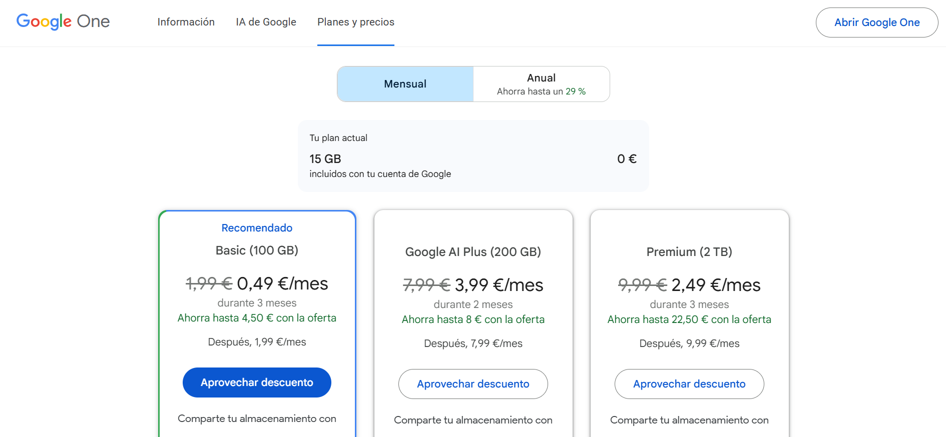 Google One vs Google Drive precios