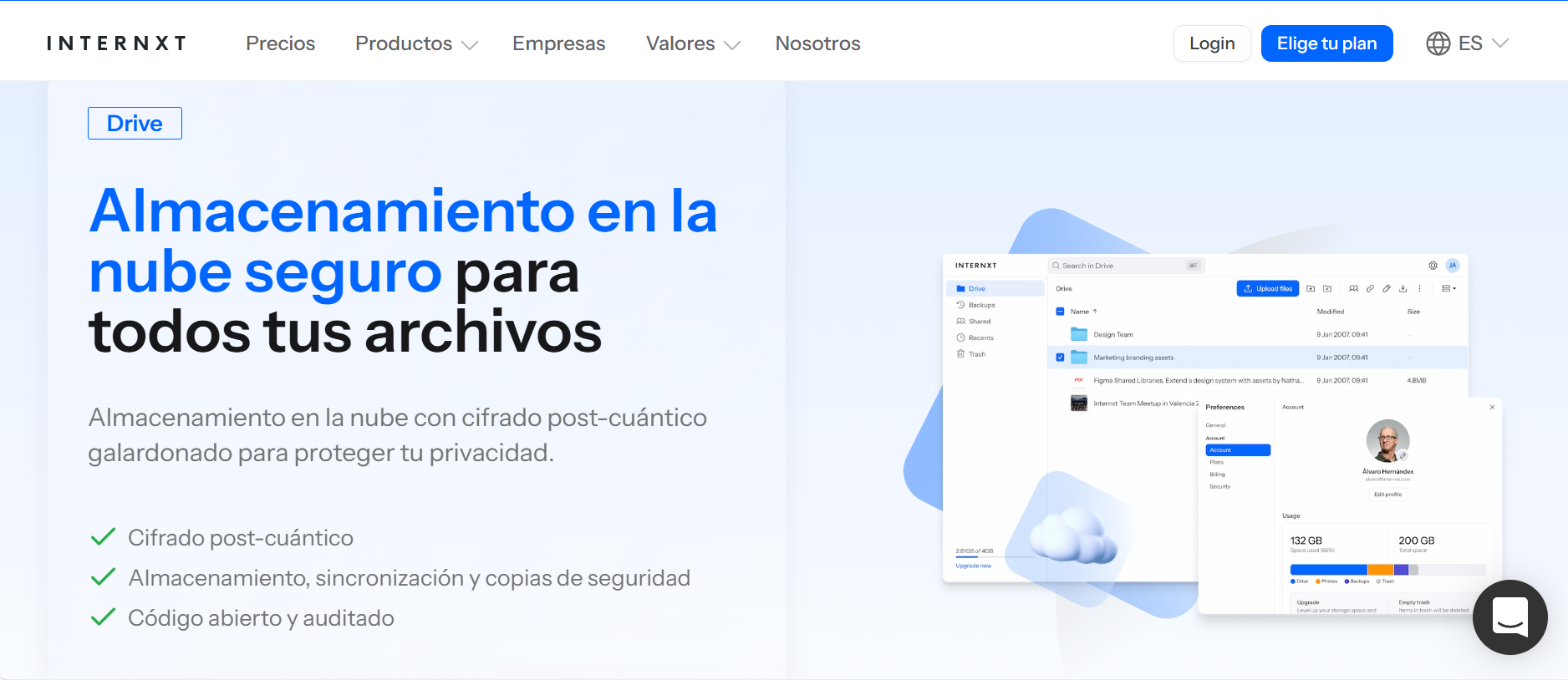 Internxt es un servicio de almacenamiento en la nube basado en el cifrado y la privacidad.