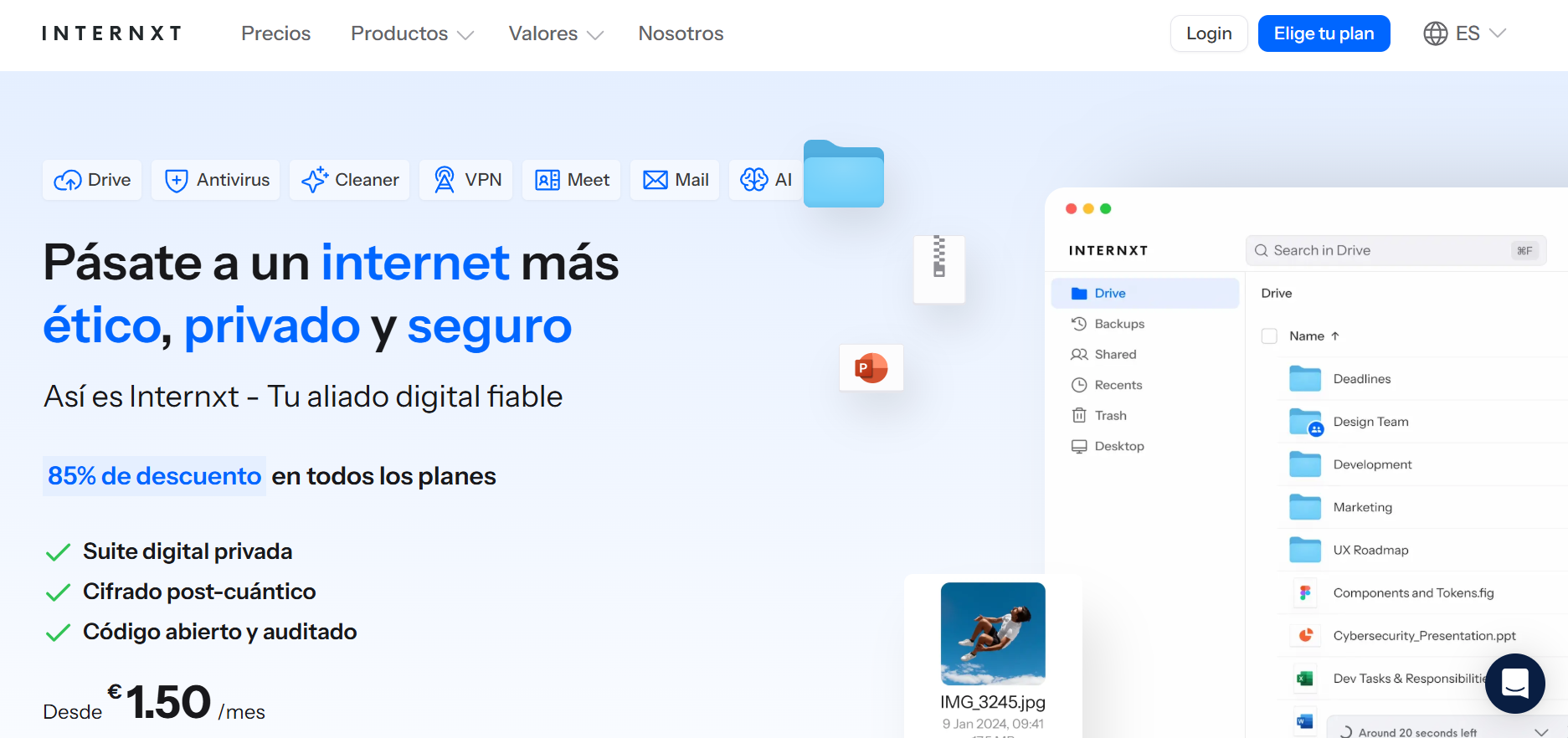 Internxt es un servicio de almacenamiento en la nube basado en el cifrado y la privacidad.
